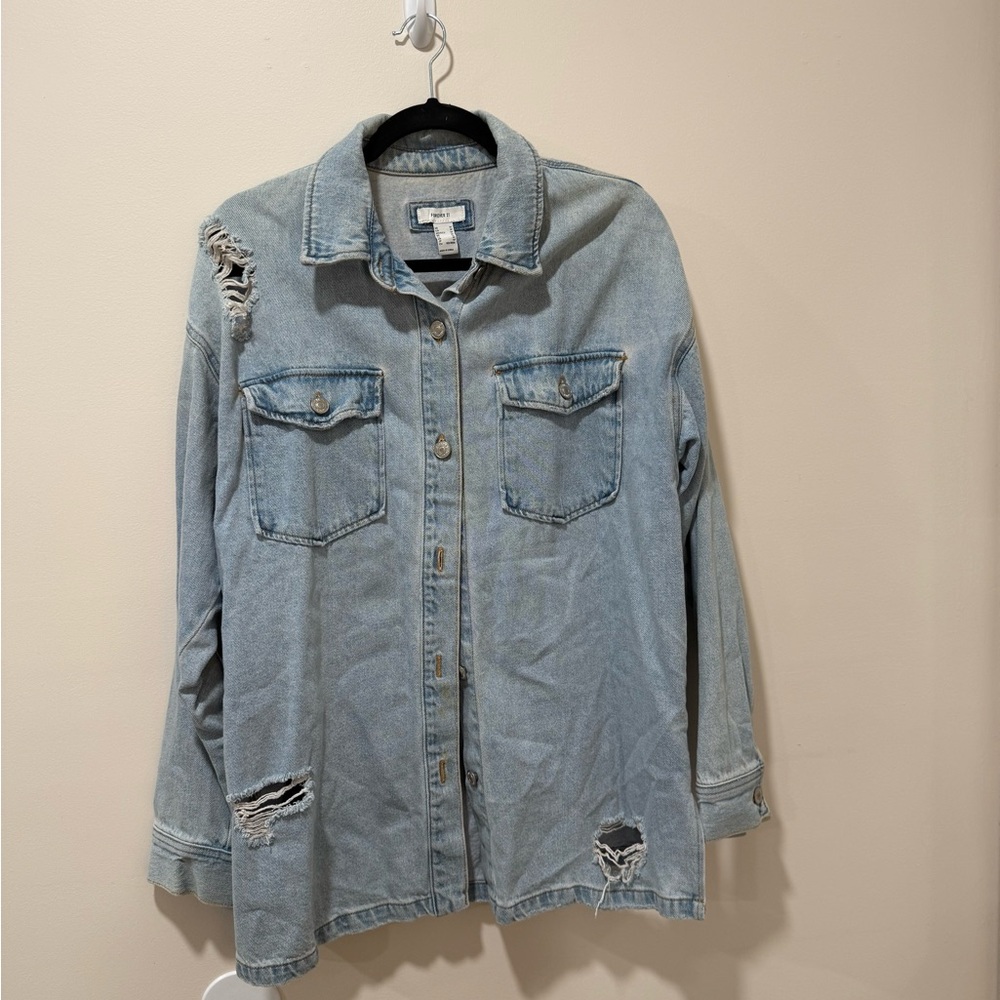 Forever 21 Light Blue Distressed Jean Jacket